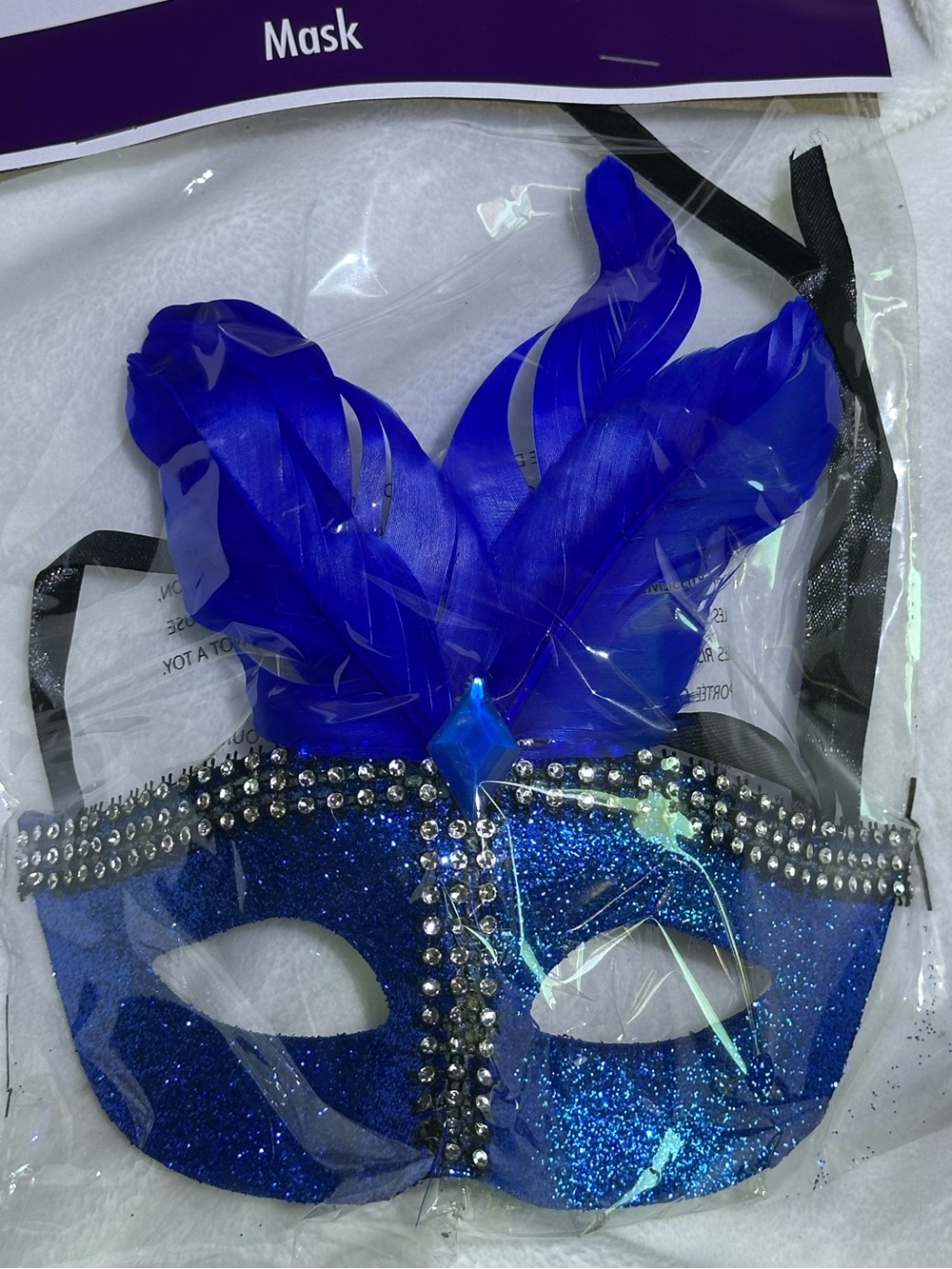 π Blue Glitter Masquerade Mask with Feathers Rhinestones Mardi Gras Costume π